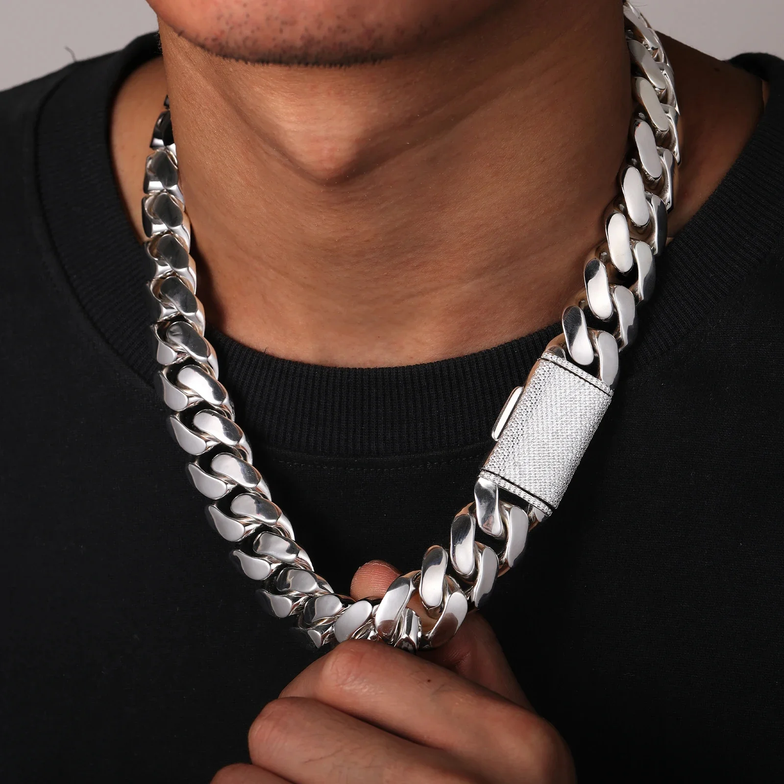10-22MM MOISSANITE BUCKLE CUBAN LINK NECKLACE/BRACELET IN STERLING SILVER