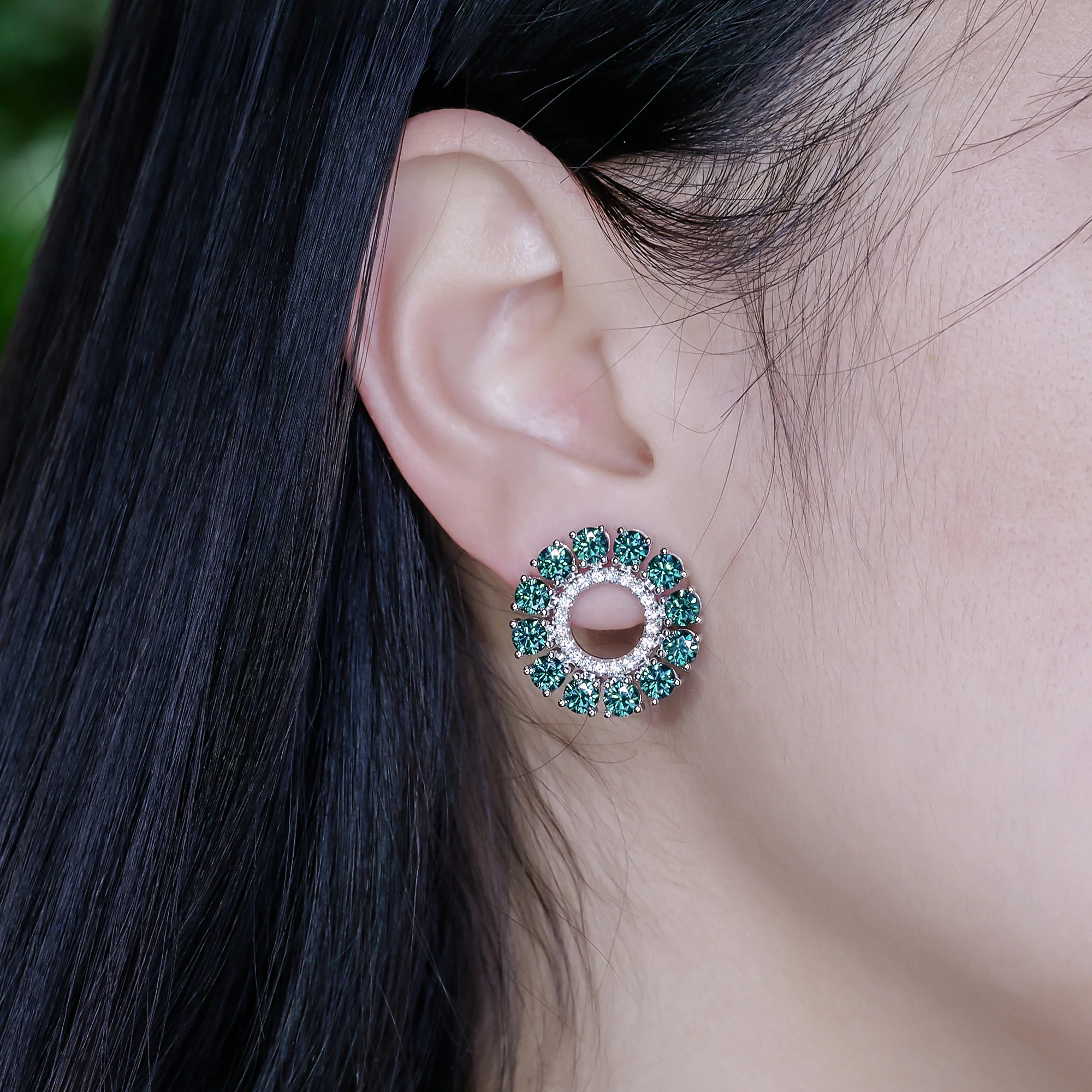 18K WHITE GOLD PLATED GREEN MOISSANITE EARRINGS IN STERLING SILVER - Image 3
