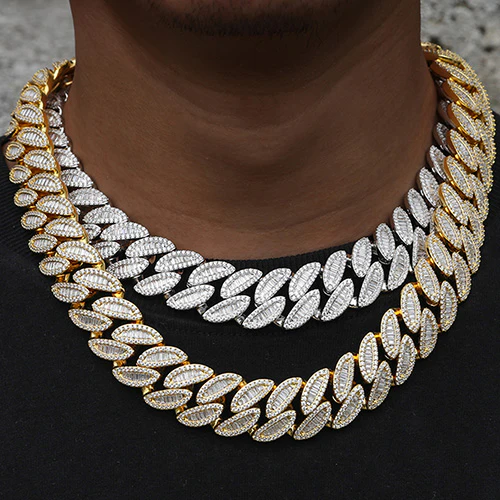 20MM BAGUETTE MOISSANITE LEAF CUBAN LINK CHAIN NECKLACE/BRACELET IN STERLING SILVER