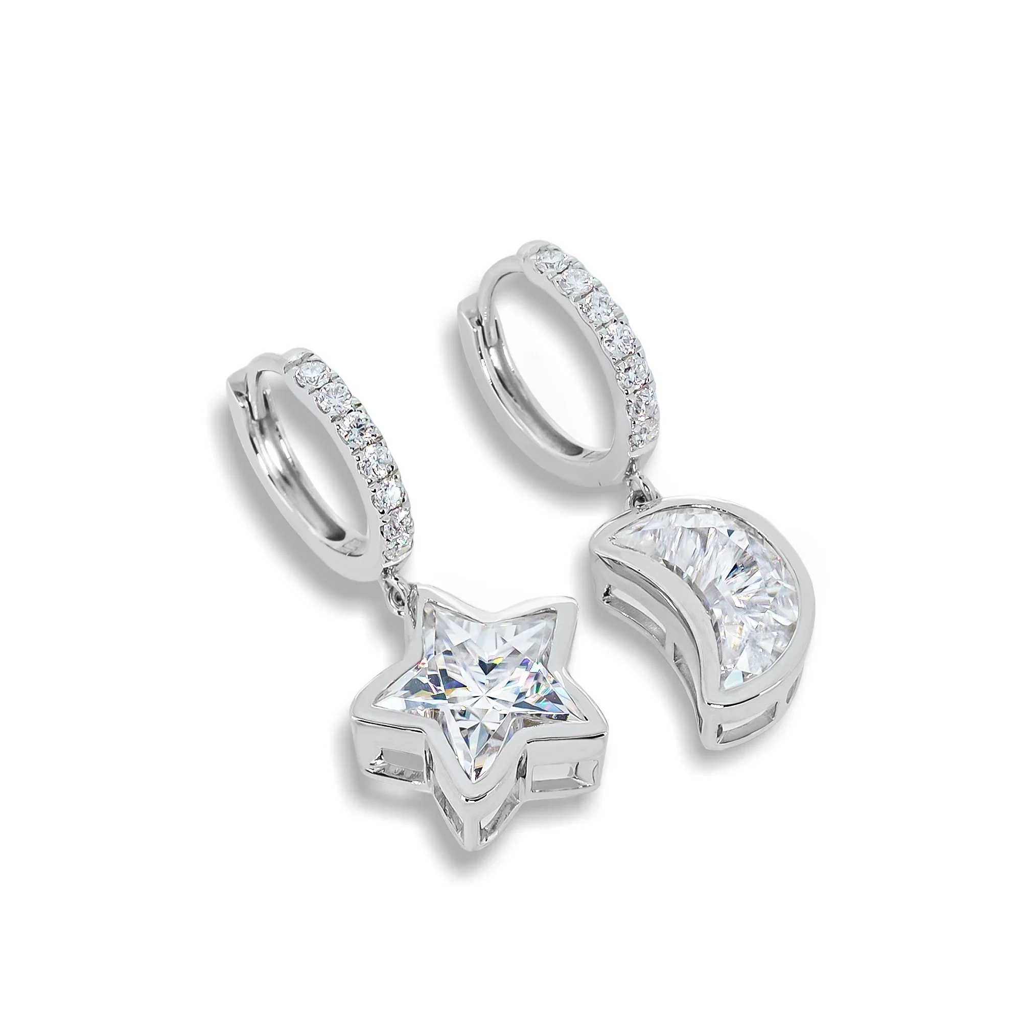4.5CT MOISSANITE DIAMOND STAR AND MOON CUT CELESTIAL STUD EARRING IN SOLID WHITE GOLD