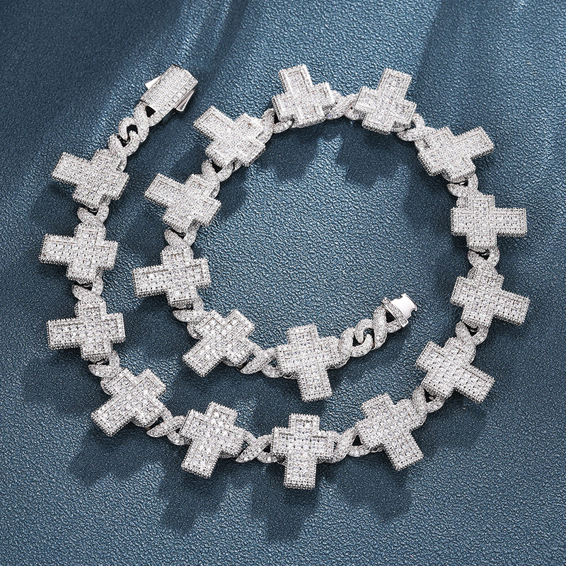 8MM MOISSANITE CROSS INFINITY CUBAN LINK CHAIN NECKLACE/BRACELET IN STERLING SILVER