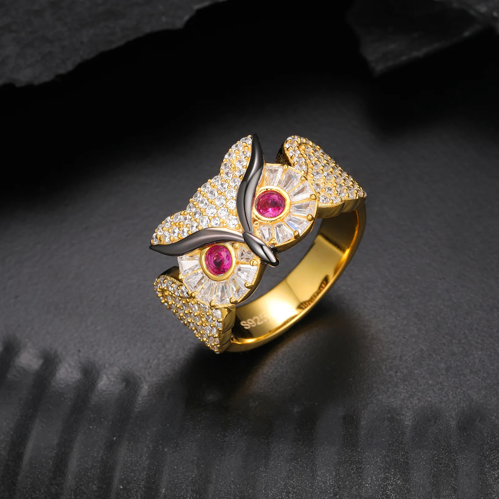 BAGUETTE MOISSANITE OWL RING IN STERLING SILVER