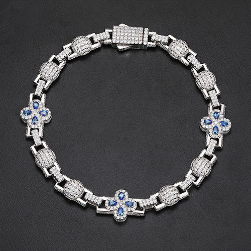COLORED MOISSANITE FOUR LEAF CLOVER AND BEAD BRACELET IN STERLING SILVER
