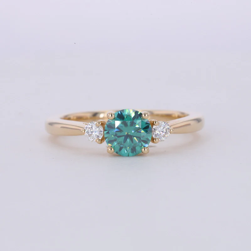 GREEN ROUND CUT MOISSANITE THREE STONE RING IN 14K or 18K GOLD RING - Image 6