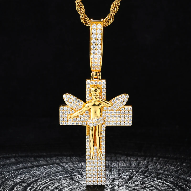 ICED OUT MOISSANITE ANGEL CROSS PENDANT IN STERLING SILVER
