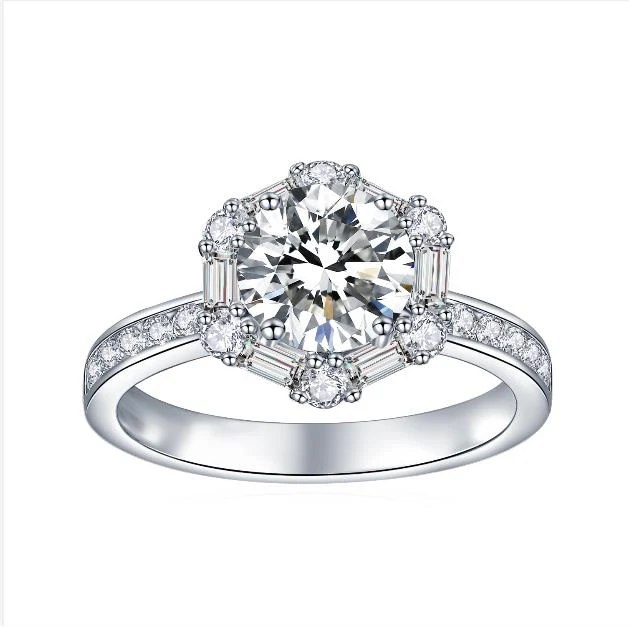 IE00199 1CT ROUND HEXAGON MOISSANITE RING IN STERLING SILVER