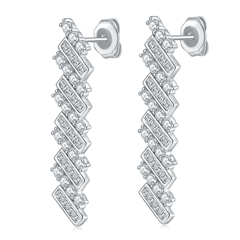 IE0158 PRINCESS SQUARE MOISSANITE LONG TASSEL DROP EARRINGS IN STERLING SILVER