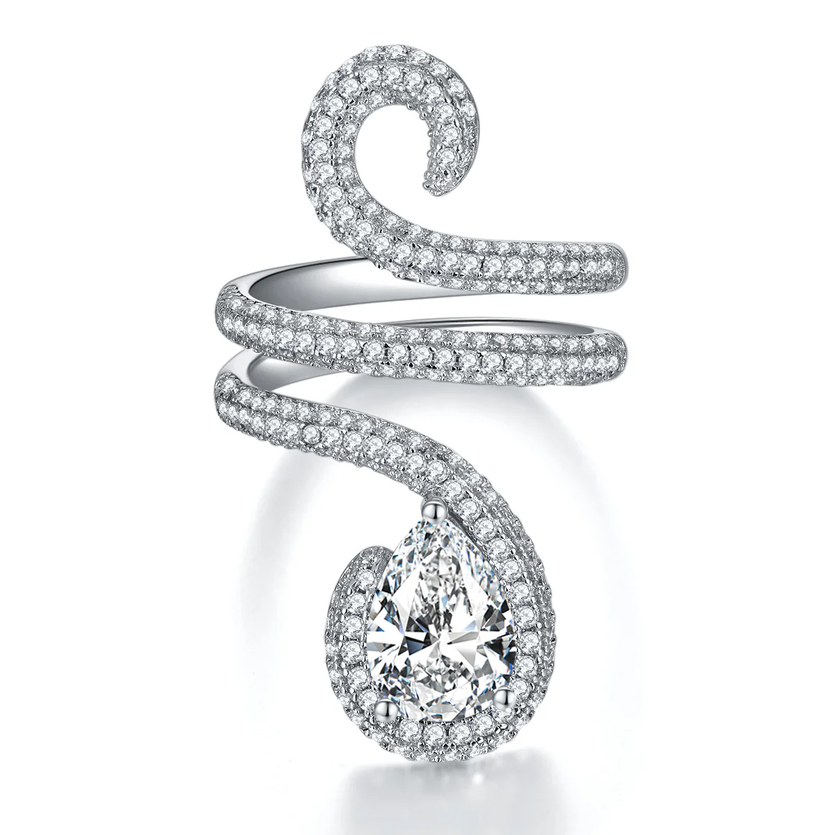 IE0247 2C PEAR CUT PYTHON LOOP MOISSANITE DIAMOND RING IN STERLING SILVER