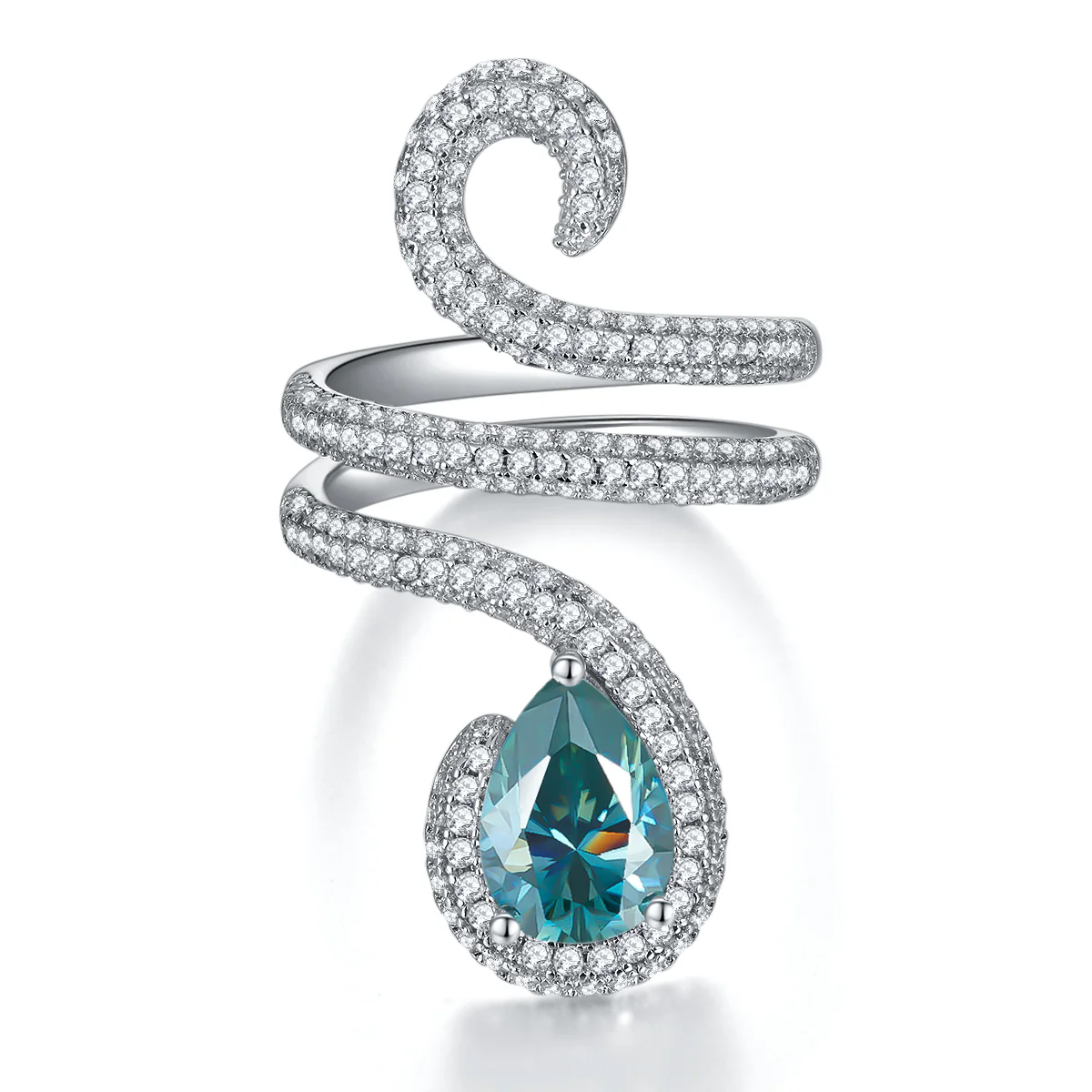 IE0247 PEAR CUT WATER DROP ICE BLUE MOISSANITE RING IN STERLING SILVER