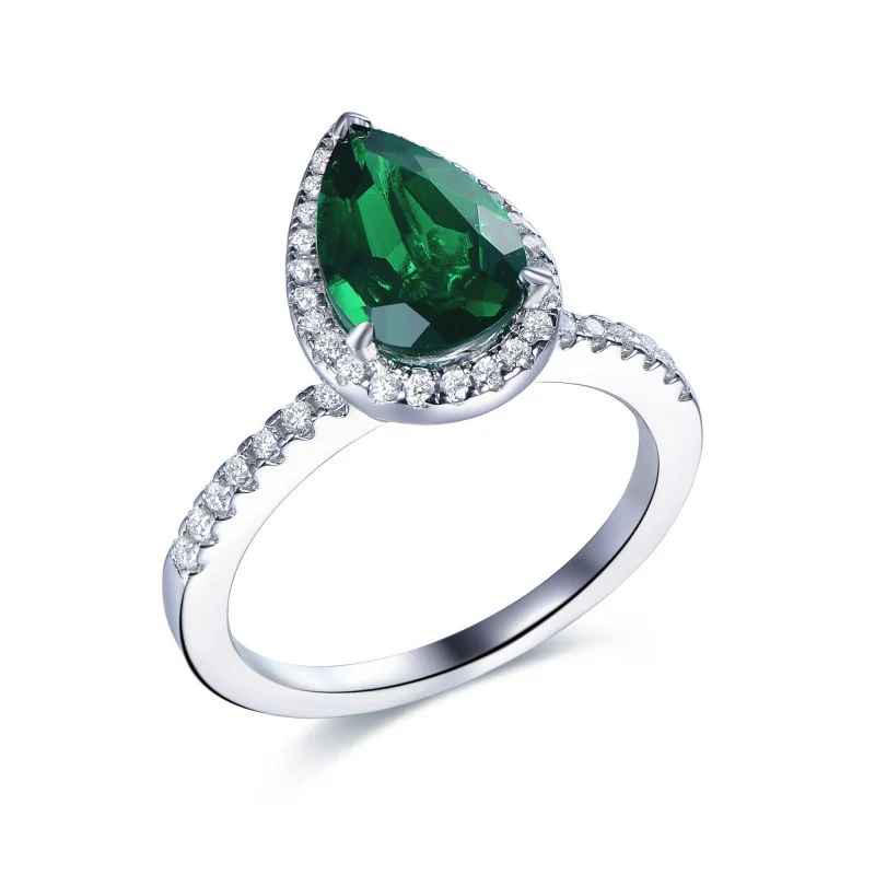INLAID MOISSANITE EMERALD GEMSTONE PEAR CUT RING IN STERLING SILVER