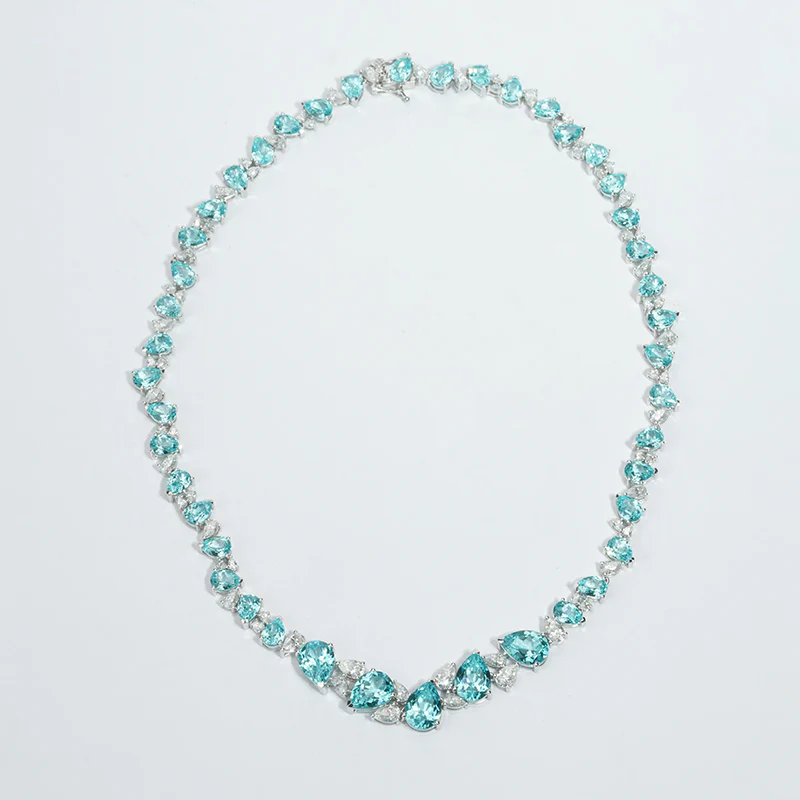 LAB GROWN PARAIBA GEMSTONE AND MOISSANITE JEWELRY SET WITH NECKLACE EARRINGS RING IN 14K WHITE GOLD - Image 5