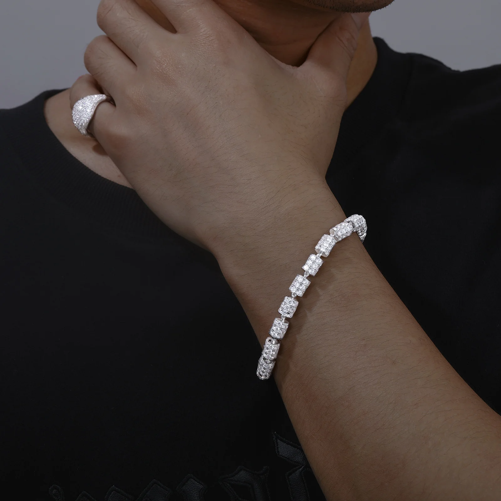 MICRO PAVED MOISSANITE DIAMOND CYLINDER LINK CHAIN BRACELET IN STERLING SILVER