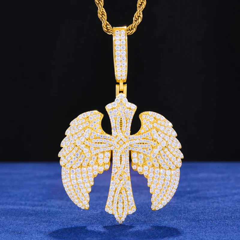 MOISSANITE ANGEL WING CROSS PENDANT IN STERLING SILVER