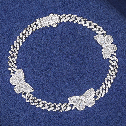 MOISSANITE BAGUETTE BUTTERFLY CHARM CUBAN LINK CHAIN BRACELET IN STERLING SILVER