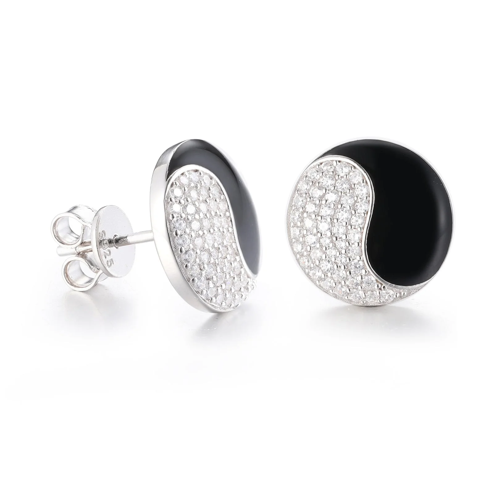 MOISSANITE BLACK ENAMEL YIN-YANG STUD EARRINGS IN STERLING SILVER