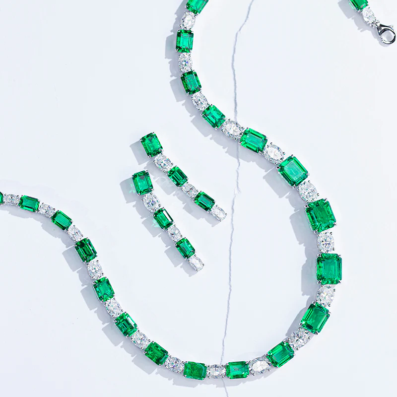 MOISSANITE DIAMOND AND LAB GROWN EMERALD CHAIN NECKLACE RING EARRINGS SET IN STERLING SILVER - Image 3