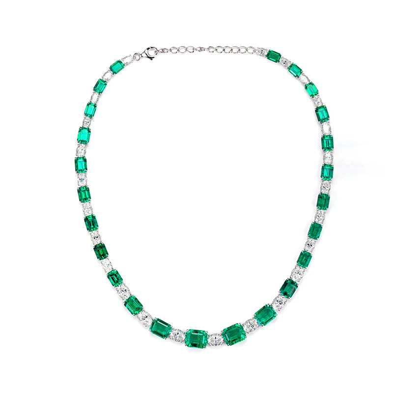 MOISSANITE DIAMOND AND LAB GROWN EMERALD CHAIN NECKLACE RING EARRINGS SET IN STERLING SILVER - Image 6