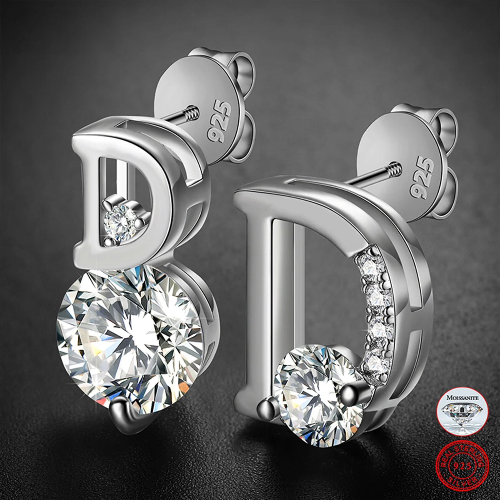 MOISSANITE DIAMOND ASYMMETRIC LETTER D STUD EARRINGS IN STERLING SILVER