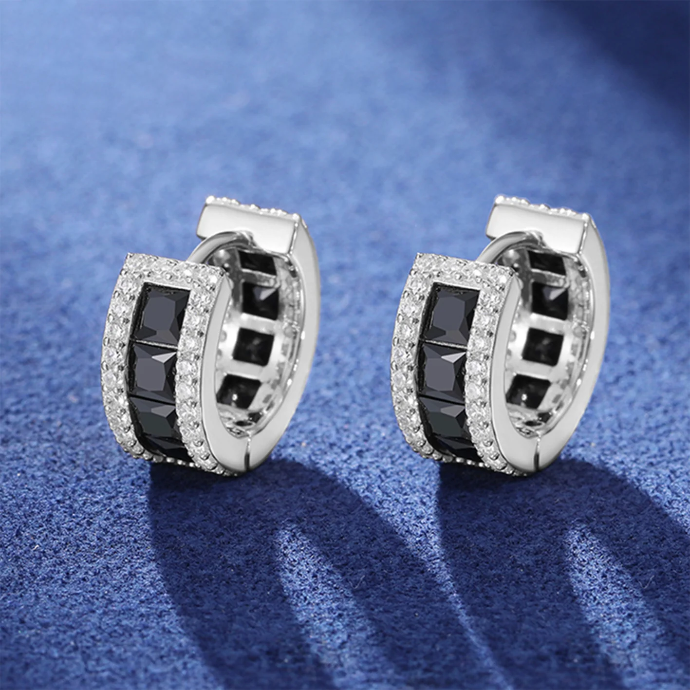 MOISSANITE DIAMOND BLACK EMERALD CUT HOOP EARRINGS IN STERLING SILVER