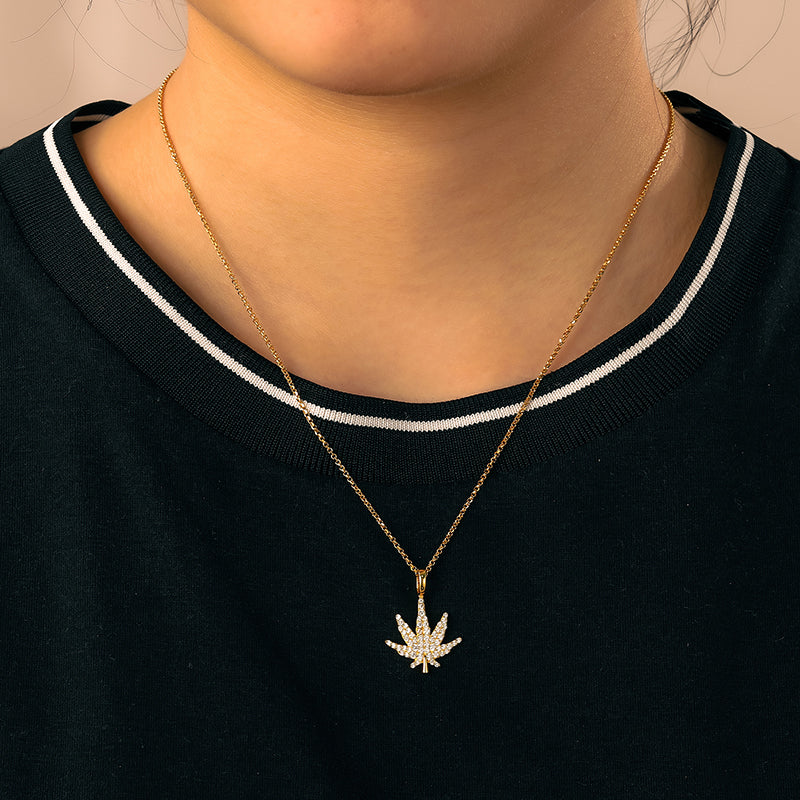 MOISSANITE DIAMOND CANNABIS WEED LEAF PENDANT IN STERLING SILVER