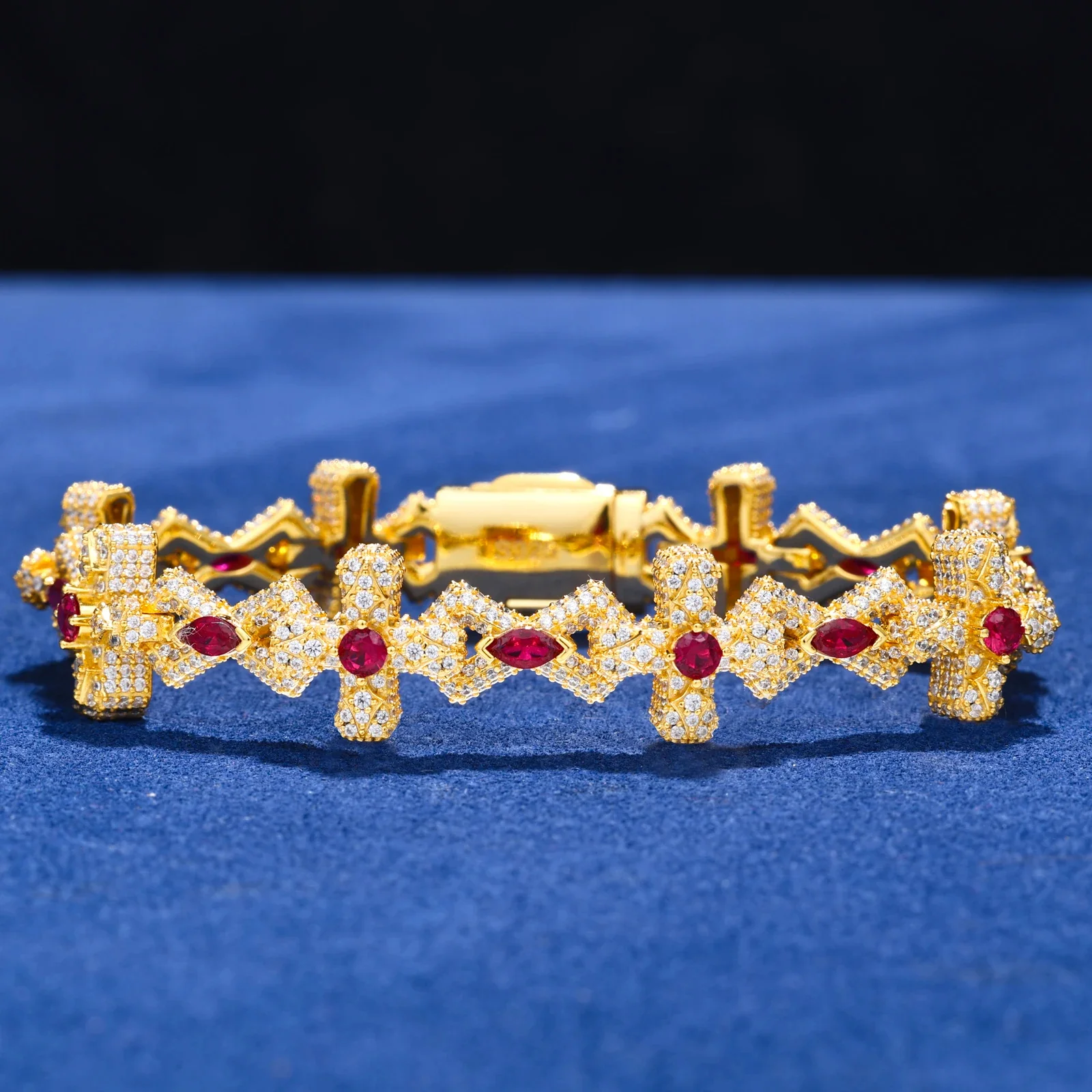 MOISSANITE DIAMOND CRIMSON SOVEREIGN CROSS BRACELET IN STERLING SILVER