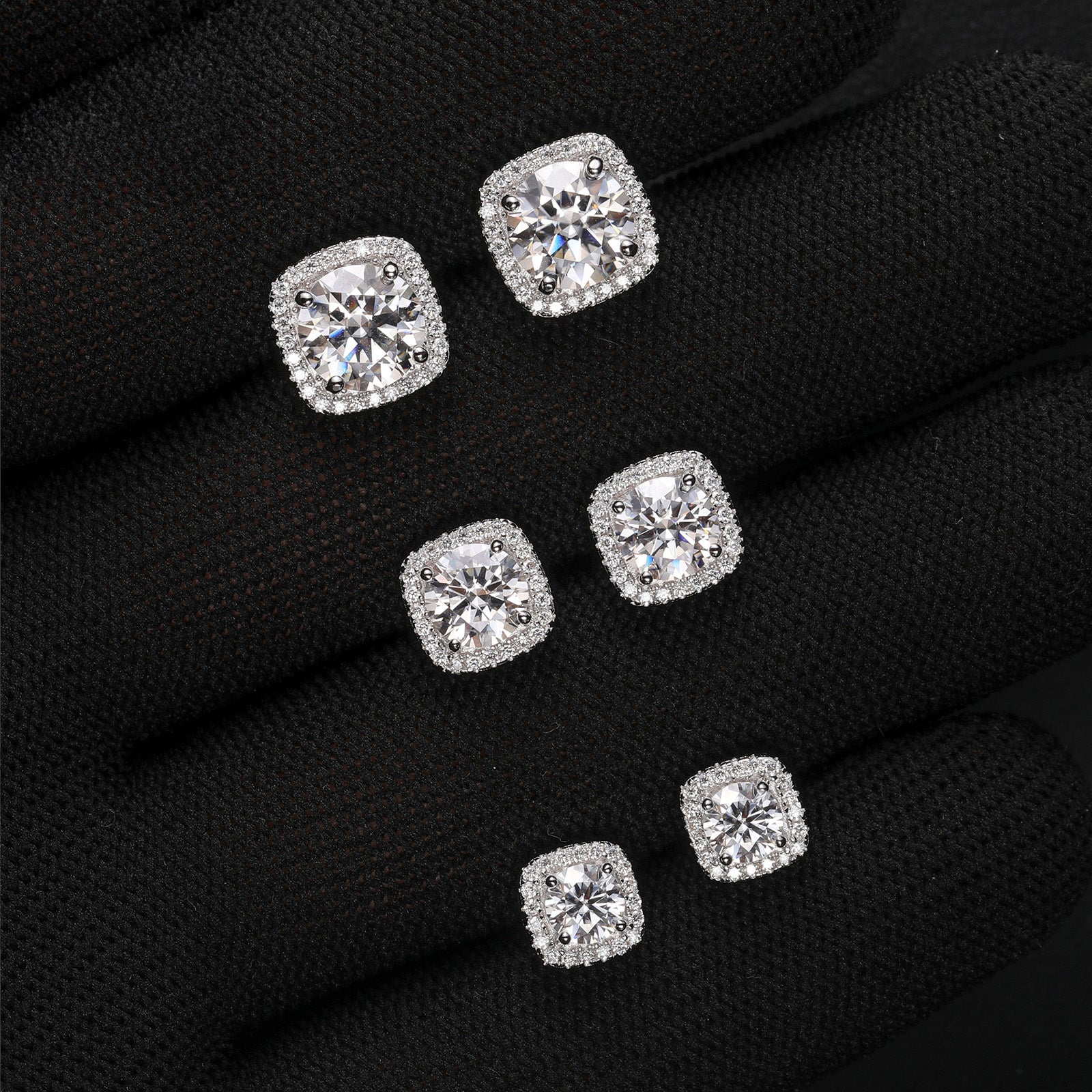 MOISSANITE DIAMOND CUBE HALO STUD EARRINGS IN STERLING SILVER