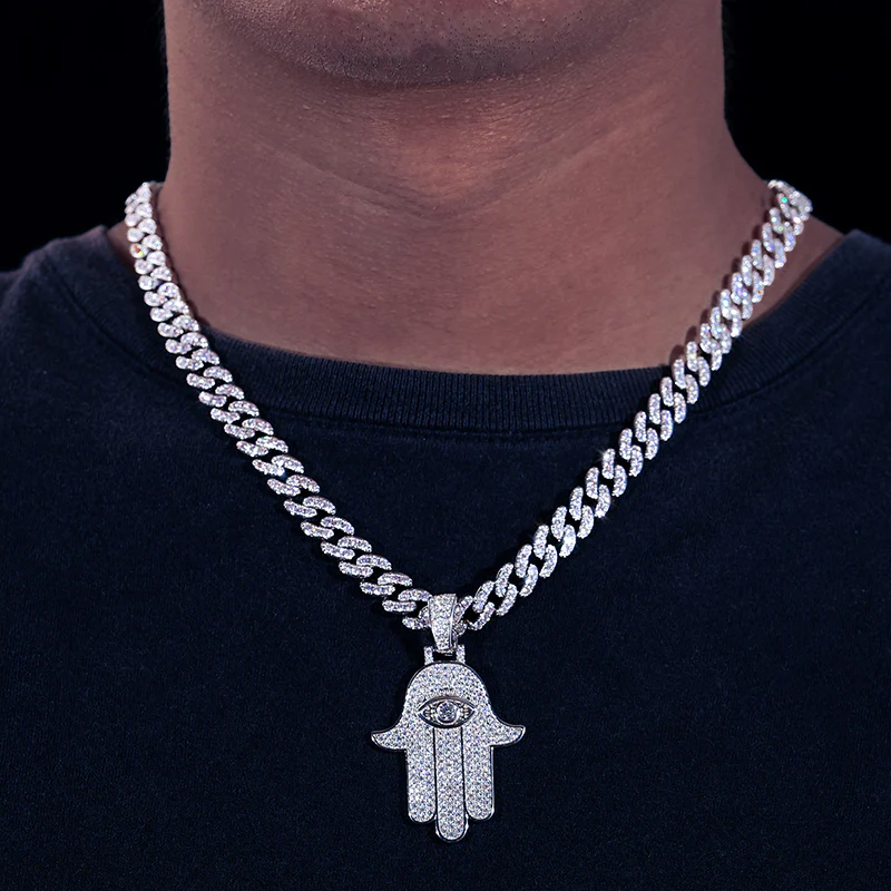 MOISSANITE DIAMOND HAMSA HAND PENDANT IN STERLING SILVER