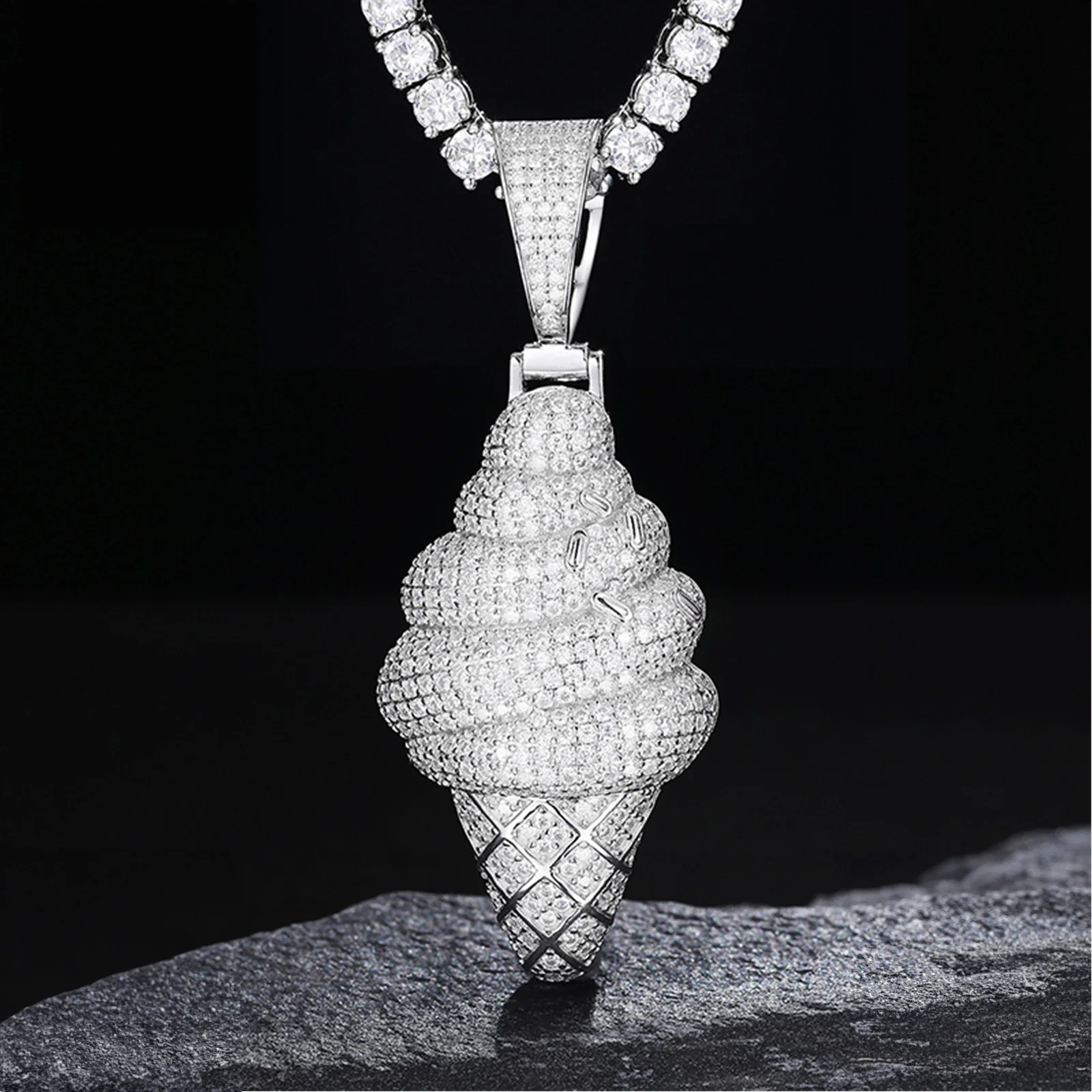 MOISSANITE DIAMOND ICE CREAM CONE PENDANT NECKLACE IN STERLING SILVER