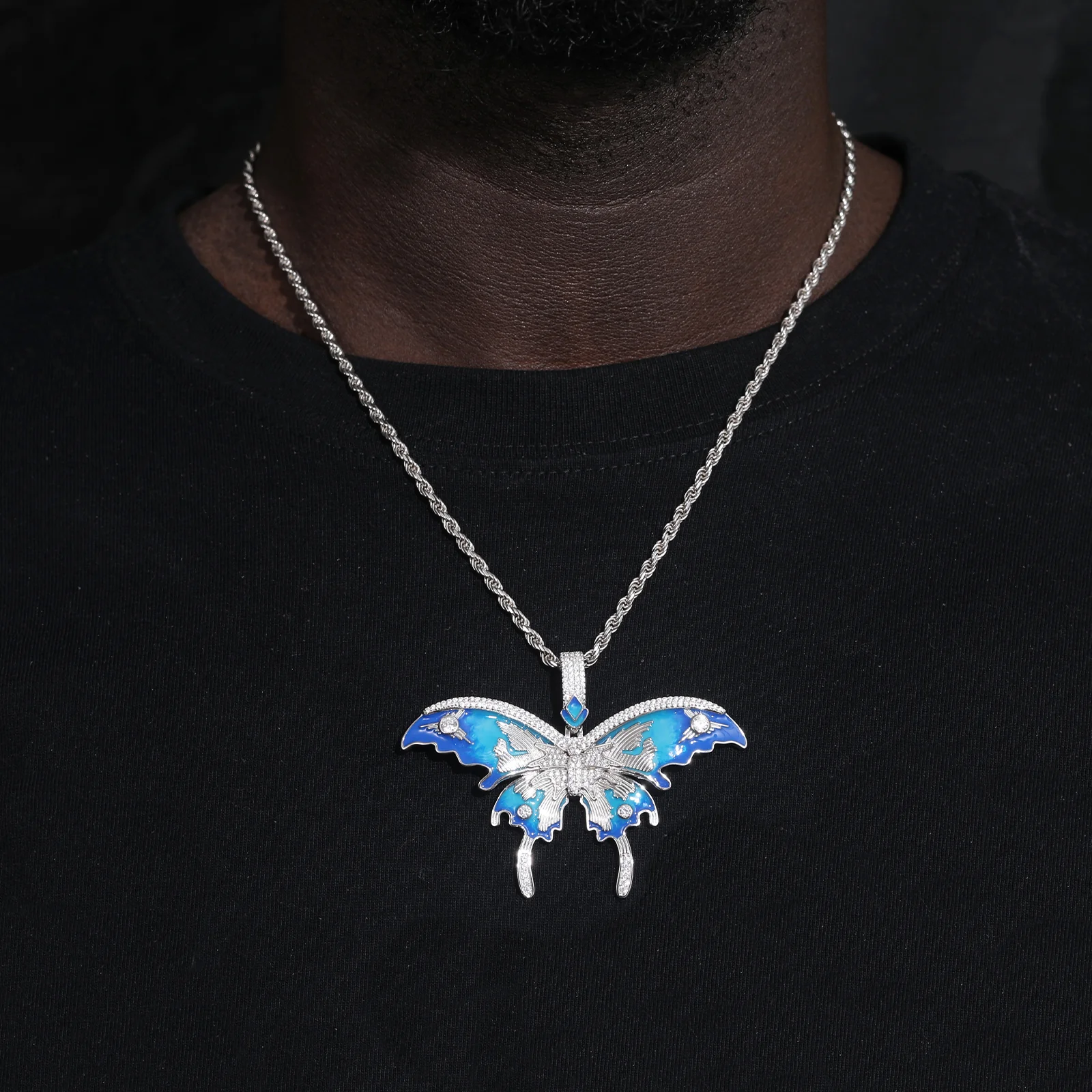MOISSANITE DIAMOND ENAMEL BLUE BUTTERFLY PENDANT IN STERLING SILVER