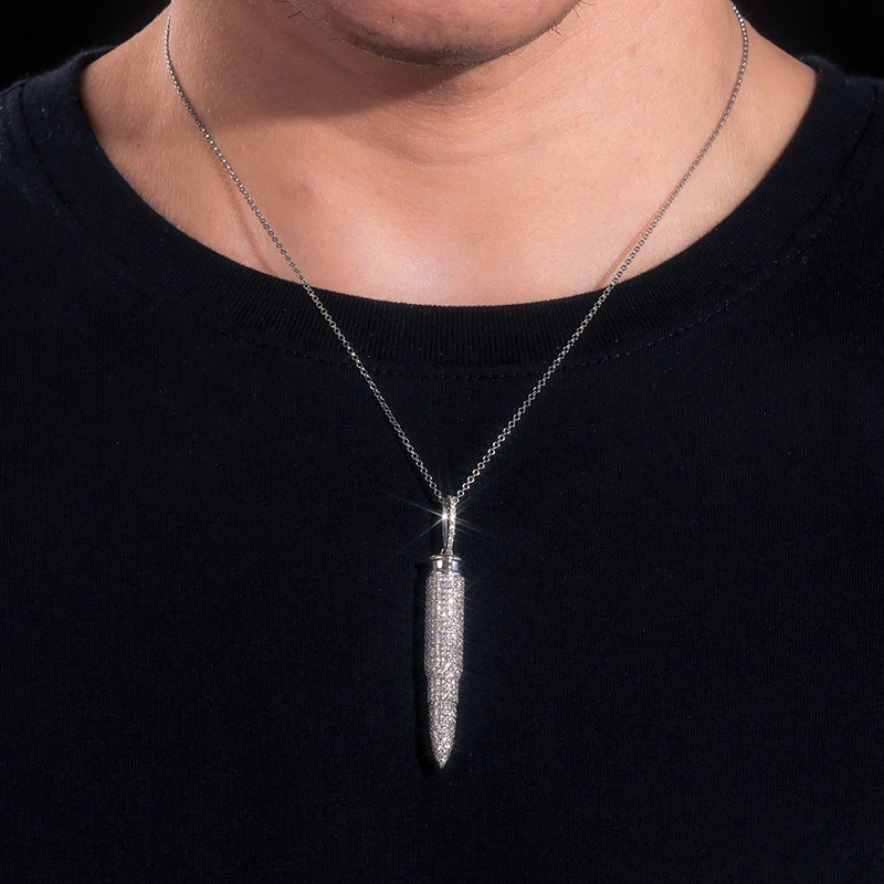 MOISSANITE DIAMOND ICED OUT BULLET PENDANT NECKLACE IN STERLING SILVER