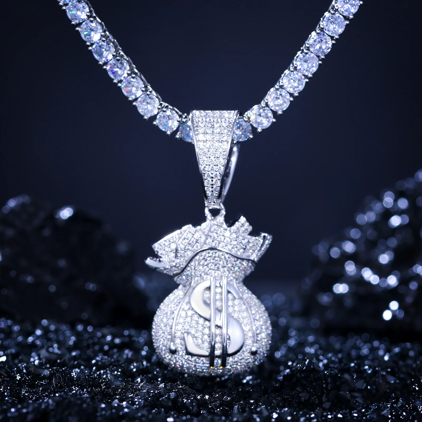 MOISSANITE DIAMOND MONEY BAG PENDANT IN STERLING SILVER