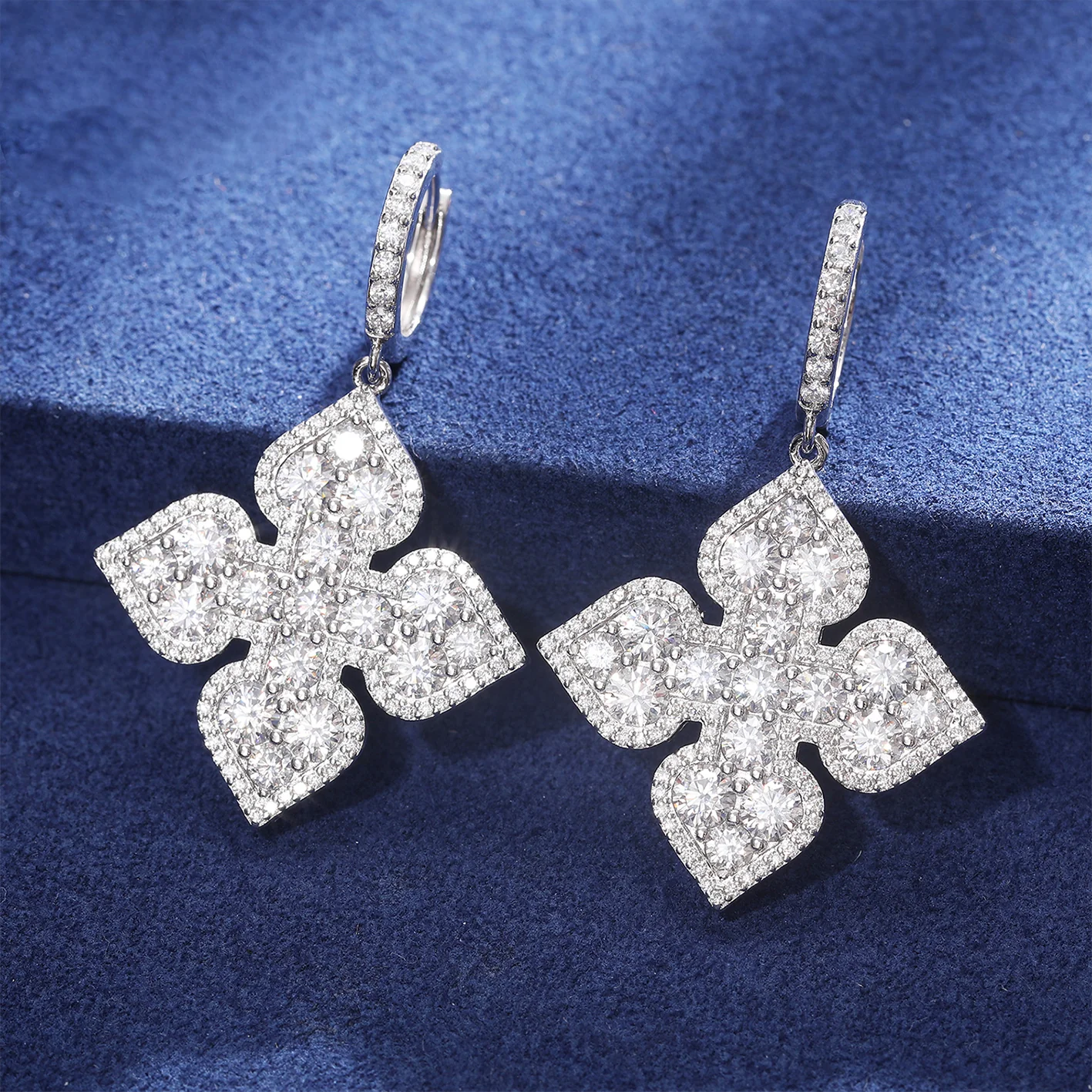 MOISSANITE DIAMOND SPADES FLOWER DROP EARRINGS IN STERLING SILVER