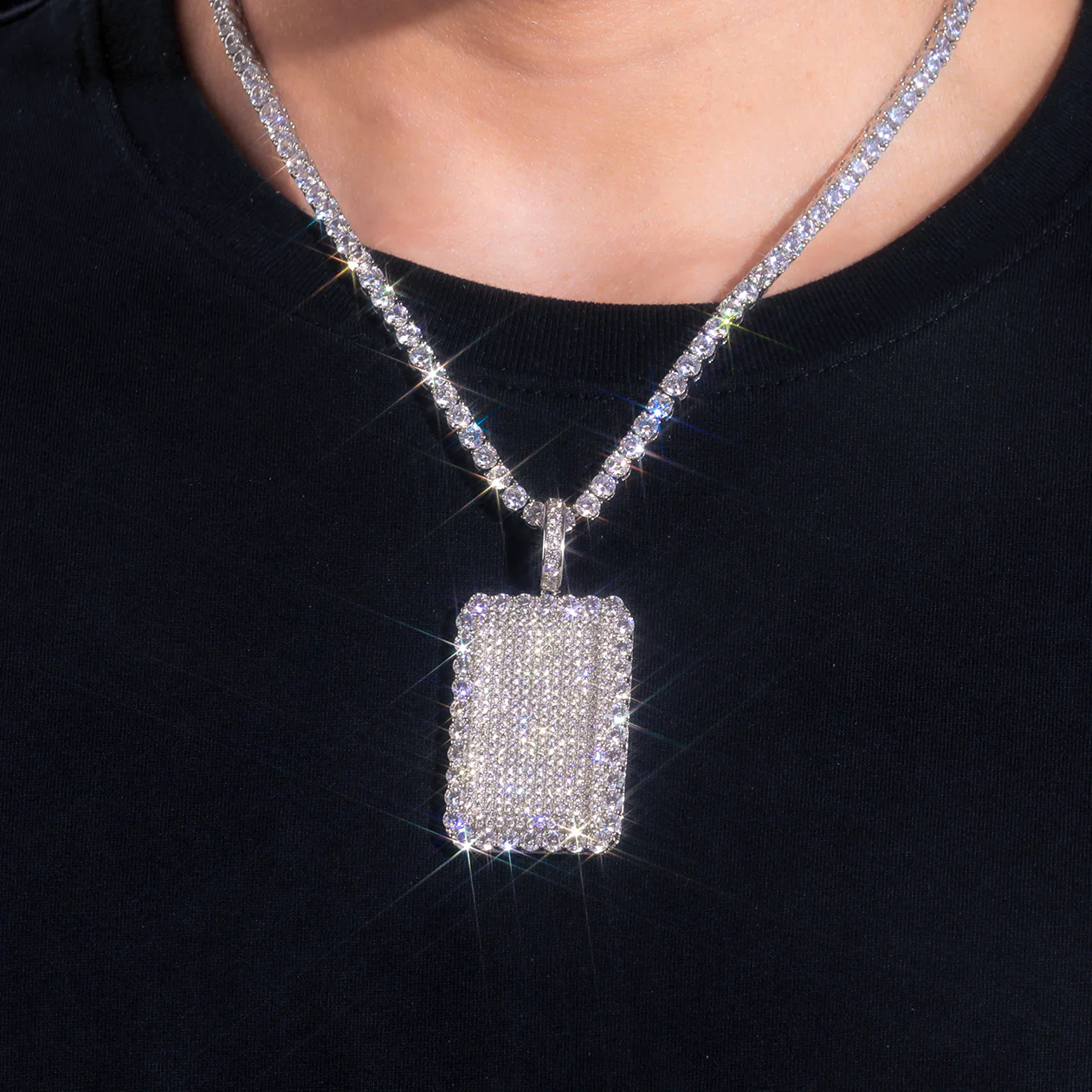 MOISSANITE DIAMOND TAG CHARM PENDANT NECKLACE IN STERLING SILVER