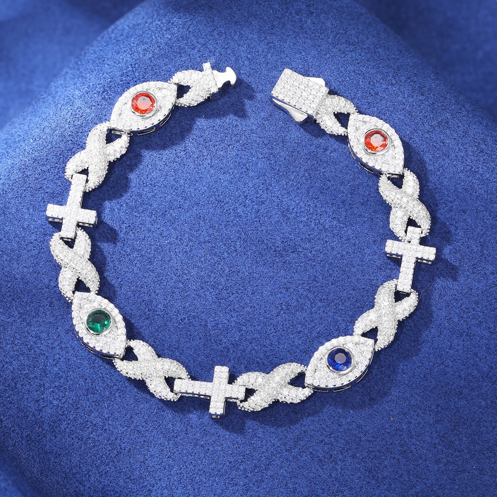 MOISSANITE DIAMOND INFINITY CROSS EVIL EYE CUBAN LINK BRACELET IN STERLING SILVER