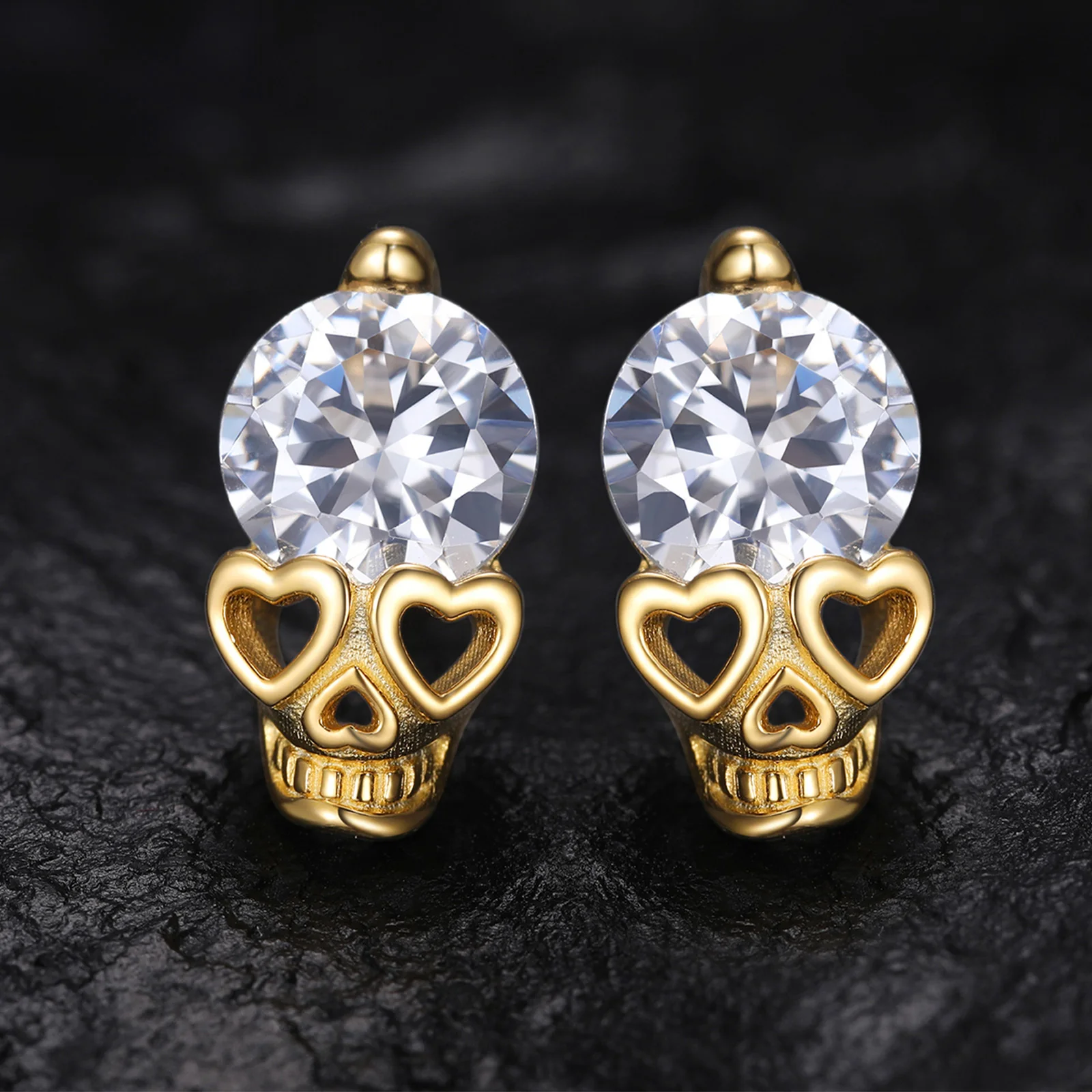 MOISSANITE DIAMOND LOVE HEART GHOST SKULL STUD EARRING IN STERLING SILVER