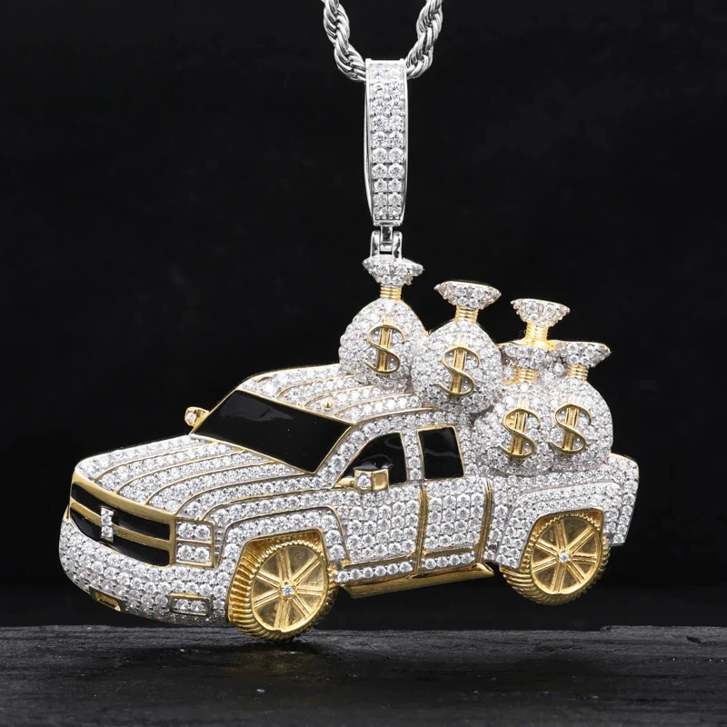 MOISSANITE DIAMOND MONEY TRUCK PENDANT IN STERLING SILVER