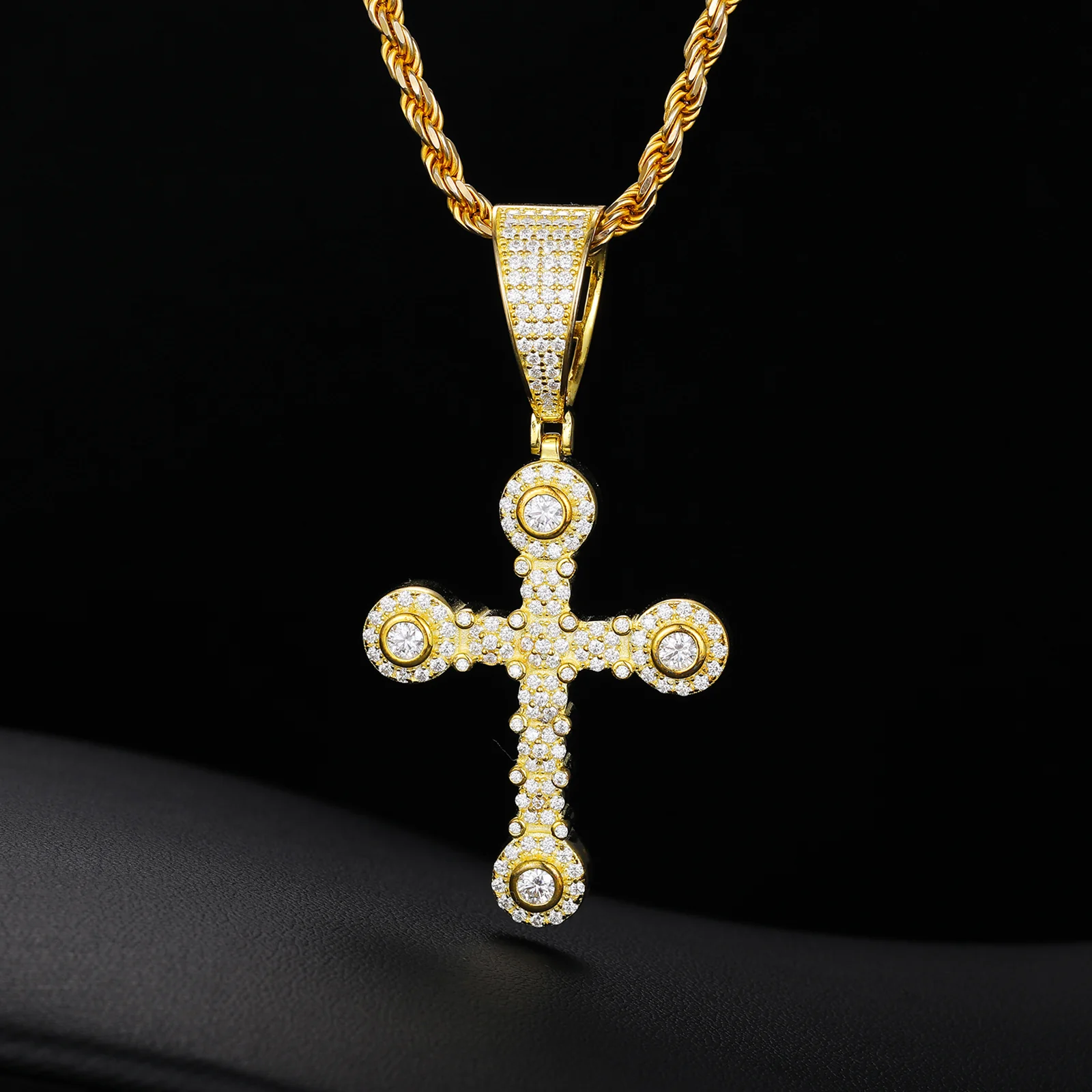 MOISSANITE DIAMOND QUAD STONE CROSS PENDANT IN STERLING SILVER