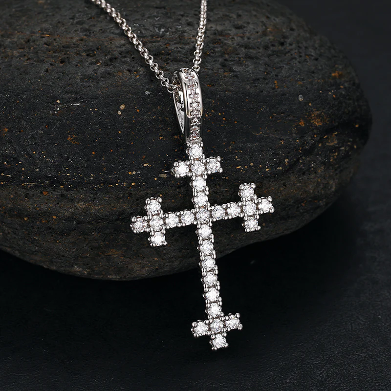 MOISSANITE DIAMOND QUARTET CROSS PENDANT NECKLACE IN STERLING SILVER
