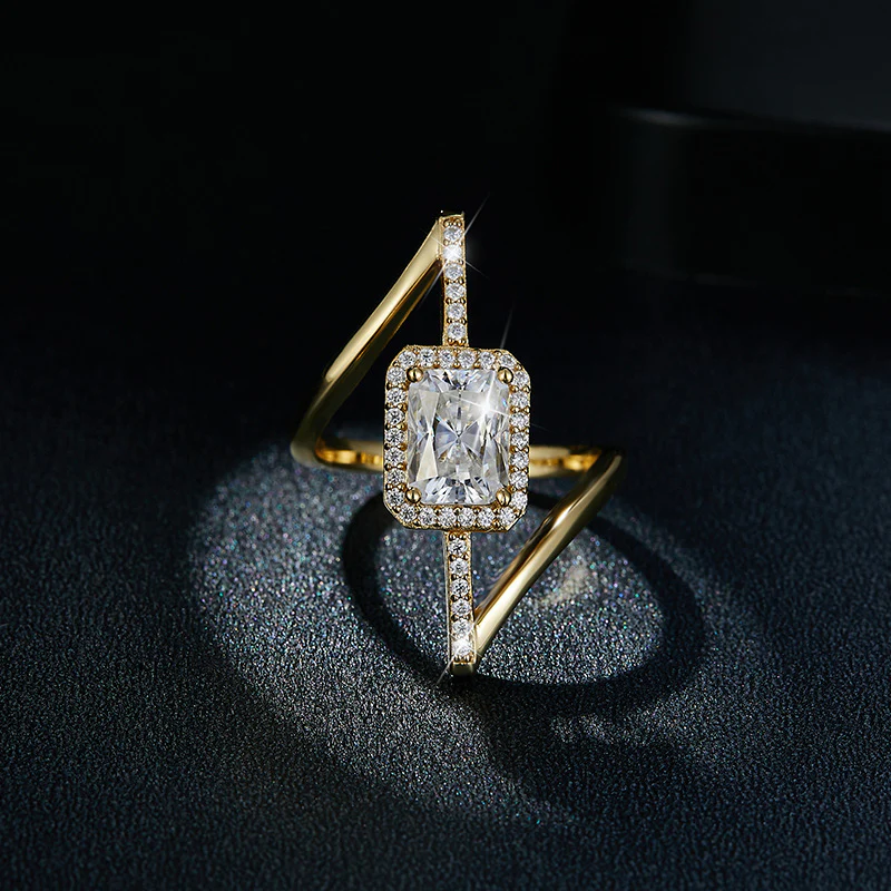 MOISSANITE DIAMOND RADIANT CUT HALO CROSSOVER ENGAGEMENT RING IN STERLING SILVER - Image 4