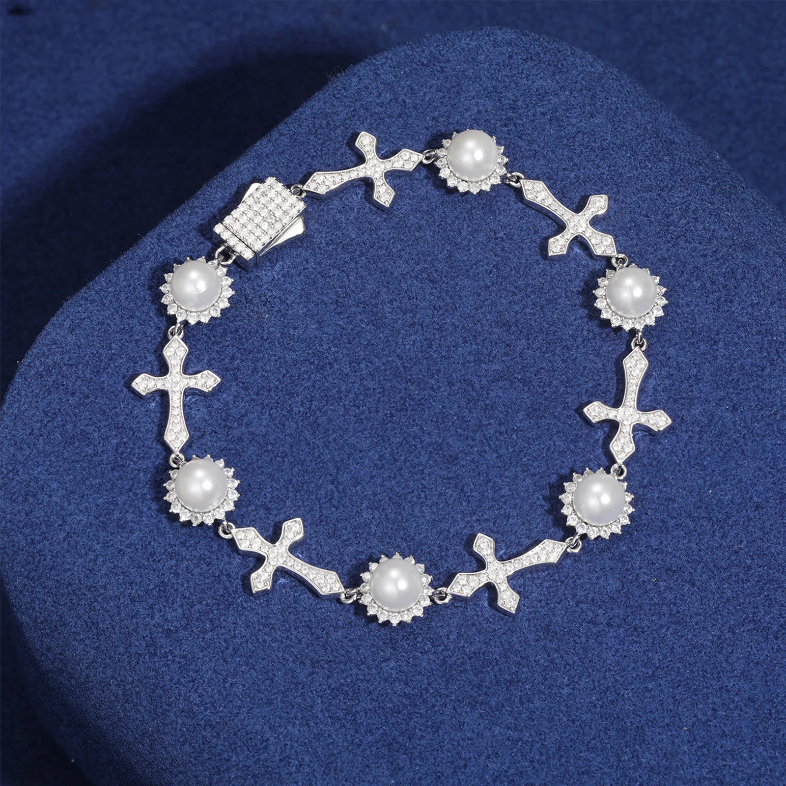 MOISSANITE DIAMOND SURROUND SET PEARL FLOWER CROSS LINK BRACELET IN STERLING SILVER - Image 3