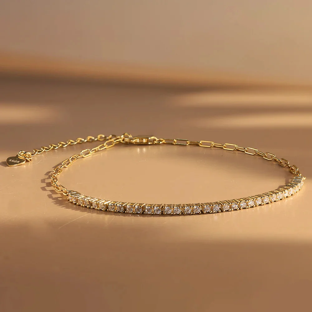 MOISSANITE HALF TENNIS HALF PAPERCLIP CHAIN BRACELET IN STERLING SILVER