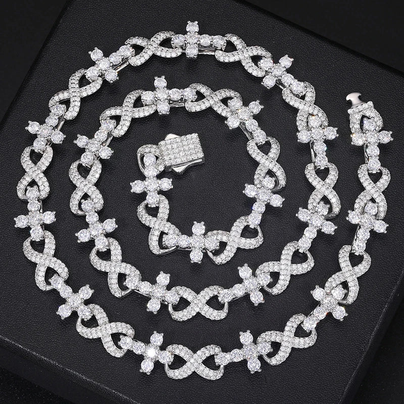 MOISSANITE HIP HOP CROSS INFINITY LINK NECKLACE/BRACELET IN STERLING SILVER
