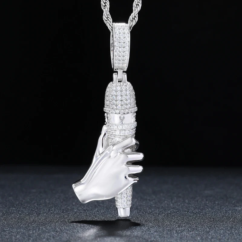 MOISSANITE HIP HOP STYLE MICROPHONE PENDANT IN STERLING SILVER