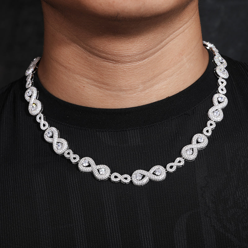 MOISSANITE INFINITY SYMBOL CUBAN LINK CHAIN NECKLACE/BRACELET IN STERLING SILVER