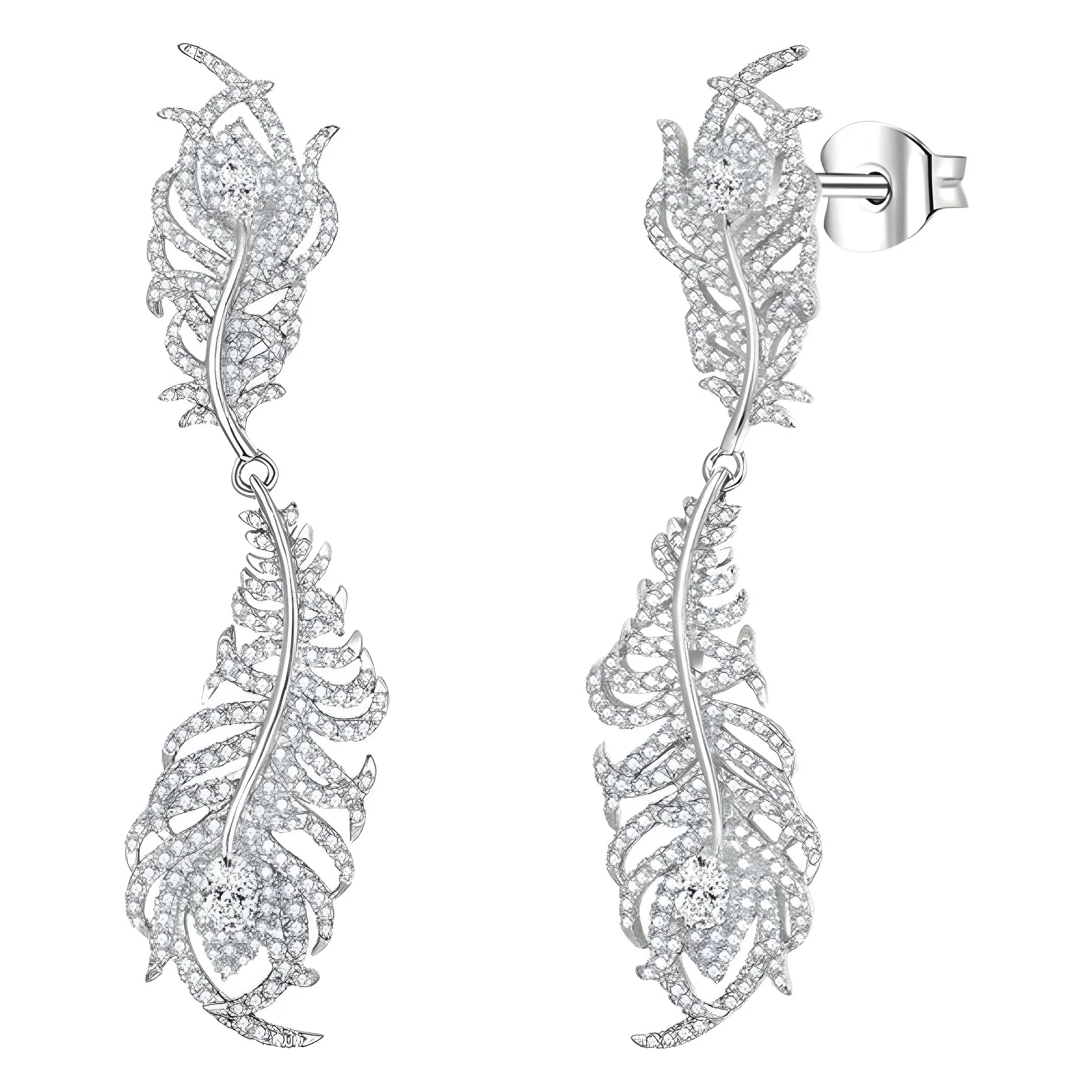 PEACOCK FEATHER MOISSANITE DROP EARRINGS IN STERLING SILVER